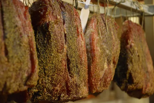Close-up of cured Black Forest hams