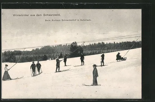 Historic postcard of skiers at a Black Forest ski lift