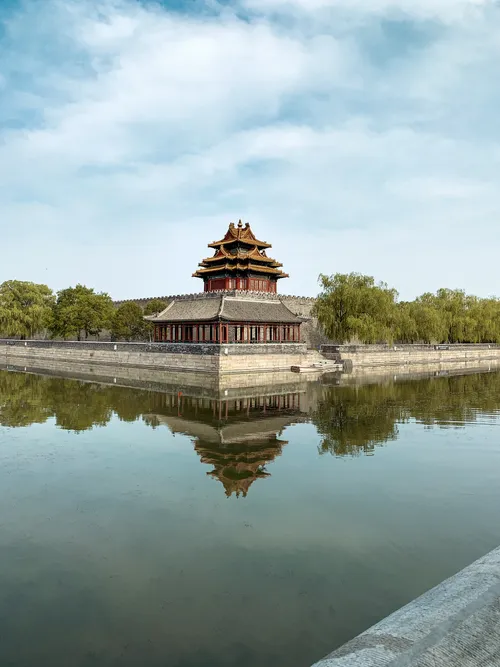 Corner tower of the Forbidden City reflected in the Beijing moat