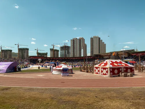 Festival tents in front of high-rise buildings in Ulaanbaatar