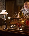 Erhard von Umtrieb with a steampunk contraption and oil lamp