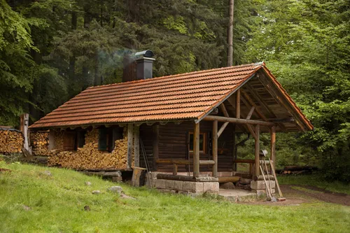 Charcoal burner's wooden hut in the forest