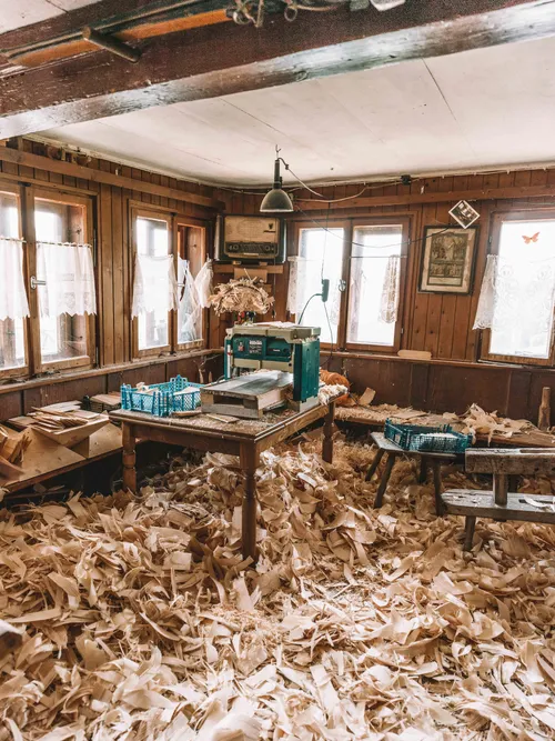 Workshop filled with wood shavings