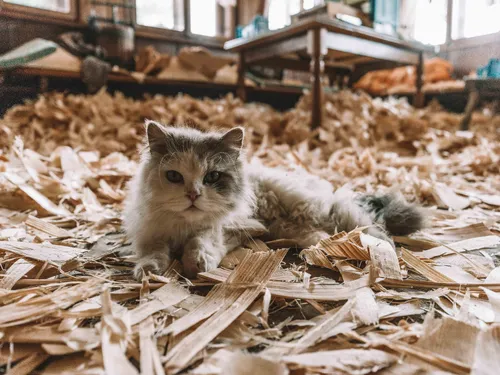 Cat resting on a pile of wood shavings